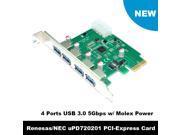 4 Port PCIE PCI e to USB 3.0 Expansion Card USB 3.0 Hub Controller PCI Express Card Adapter w Extra Molex 4pin LP4 Power