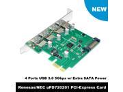 4 Port PCIE PCI e to USB 3.0 Expansion Card USB 3.0 Hub Controller PCI Express Card Adapter w Extra SATA 15 pin Power