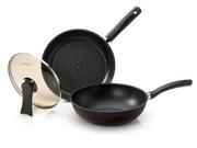 Happycall 5 Layer Diamond Nonstick Pan Wok 3 piece Set 12inch PFOA Free Cookware Set Dark Brown