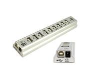 10 Port High Speed USB 2.0 Hub Powered with Adapter Silver