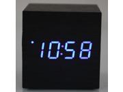 Modern Cube Wooden Wood Digital LED Desk Voice Control Alarm Clock Thermometer Black