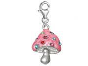 Pink Mushroom With Crystals Clip On Pendant for European Charm Jewelry w Lobster Clasp