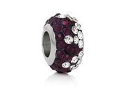 Stainless Steel European Style Charm Beads Round Silver Tone With Purple Clear Rhinestone