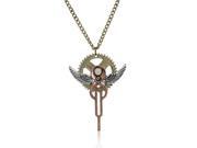 SEXY SPARKLES Steampunk Necklace Link Curb Chain Antique Bronze Angel Wing Gear Hollow Pendant With Clear Rhinestone
