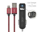 CACOY [Apple MFi Certified] 6.6 FT 2M Nylon Braided Lightning Cable Red and Black Quick Charge 2.4A Dual Port USB Car Charger