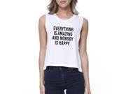 Everything Nobody Happy Womens White Sleeveless Crop Top Gym Shirt