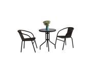 Maxon 3 Piece Bistro Cafe Set Round Glass Metal Table with 2 Rattan Stack Chairs 23.6 Mocca
