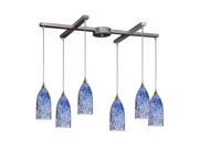 6 Light Pendant In Satin Nickel And Starlight Blue Glass