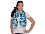 Amtal Women Blue Black Floral Design Lightweight Soft Casual Scarf w Tassels