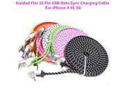 2m High Quality Braided Flat 30 pin USB Data Sync Charging Charger Cable Cord For iPhone 4 4S 3G