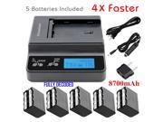 Kastar Ultra Fast Charger 4X faster and Battery 5 Pack for Sony NP F975 NP F970 NP F960 NP F950 and DCR VX2100 HDR AX2000 HDR FX1000 HVR HD1000U HVR Z