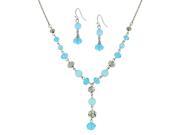 1928 Jewelry 80231 Aqua Colored Cats Eye Beads Lux Cut Blue Beads Hematite Toned Beads Necklace Beaded Drop Earrings Set