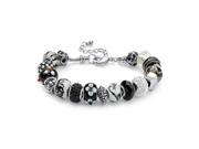 PalmBeach Jewelry 52166 Round Black and White Crystal Silvertone Metal Bali Style Beaded Charm and Spacer Bracelet 8
