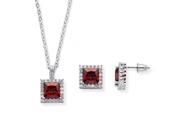Palm Beach Jewelry 5599207 0.30 TCW Princess Cut Simulated Birthstone Halo Pendant Necklace and Earrings Set Silvertone Simulated Ruby
