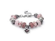 PalmBeach Jewelry 52161 Round Pink Crystal Silvertone Metal Bali Style Beaded Charm and Spacer Bracelet 8