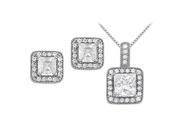 Fine Jewelry Vault UBNERPD32337AGSQ55CZ April Birthstone Square Cubic Zirconia Halo Earrings and Pendant in Sterling Silver