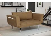 Premium Tan Futon sofa Sleeper Couch with Twill Fabric Chrome Legs Adjustable Armrests w Magazine Storage
