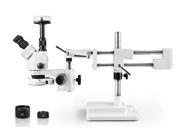Vision Scientific Trinocular Zoom Stereo Microscope 10x WF Eyepiece 3.5x—90x Magnification 0.5x 2x Aux Lens Double Arm Boom Stand 144 LED Ring Light with