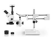 Vision Scientific Trinocular Zoom Stereo Microscope 10x WF Eyepiece 3.5x—90x Magnification 0.5x 2x Aux Lens Double Arm Boom Stand 144 LED Four Zone Ring