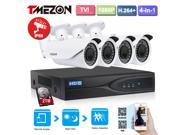 Tmezon 1080P HD TVI DVR Video Security System 4CH 1080P DVR with 4x HD 1920TVL 2.0 MegaPixels 2.8 12mm Varifocal Zoom Lens Weatherproof CCTV Camera and 2TB HD