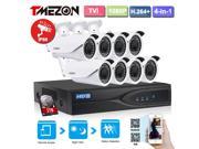 Tmezon 8 Channel 1080P HD TVI Hybrid Megapixel Security 4in1 H.264 DVR System with 1TB Hard Drive Pre installed and 8x 1920TVL 2.0MP Weatherproof Security Came