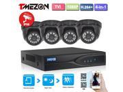 Tmezon 4 Channel 1080P HD TVI H.264 DVR Video Security System and 4 1920TVL 2MP Security Dome Camera Waterproof No HDD