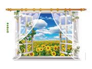 Dnven Window 34 x 22 3D Sunflowers Field Lace Curtain Green Vines Removable Vinyl Faux Window Wall Decals Girls Room Wedding Room Wall Decorations