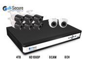 eN Secure 8 Channel NVR PoE IP Security Surveillance System 6 Bullet 2 Dome 2MP Full HD Night Vision Indoor Outdoor 1080p Cameras 4TB HDD Smart Phone Compati