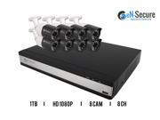 eN Secure 8 Channel NVR PoE IP Security Surveillance System 8 Bullet 2MP Full HD Night Vision Indoor Outdoor 1080p Cameras 1TB HDD Smart Phone Compatible