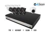 eN Secure 8 Channel NVR PoE IP Security Surveillance System 7 Bullet 1 Dome 2MP Full HD Night Vision Indoor Outdoor 1080p Cameras 1TB HDD Smart Phone Compati