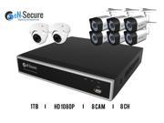 eN Secure 8 Channel HD Security Surveillance System 6 Bullet 2 Dome Night Vision Indoor Outdoor 1080p Cameras 1TB HDD Smart Phone Compatible
