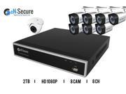 eN Secure 8 Channel HD Security Surveillance System 7 Bullet 1 Dome Night Vision Indoor Outdoor 1080p Cameras 2TB HDD Smart Phone Compatible