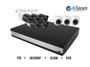 eN Secure 8 Channel NVR PoE IP Security Surveillance System 5 Bullet 3 Dome 2MP Full HD Night Vision Indoor Outdoor 1080p Cameras 1TB HDD Smart Phone Compati