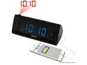 USB Charging Alarm Clock Radio with Time Projection Battery Backup Auto Time Set Dual Alarm 1.2 LED Display for Smartphones Tablets