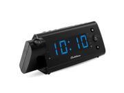 USB Charging Alarm Clock Radio with Time Projection Battery Backup Auto Time Set Dual Alarm 1.2 LED Display for Smartphones Tablets