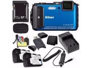 Nikon COOLPIX AW130 Waterproof Digital Camera Blue International Version No Warranty EN EL12 Battery External Charger 64GB SDXC Card Small Case