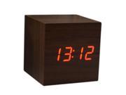 THZY Wood Cube LED Alarm Control Digital Desk Clock Wooden Style Room Temperature Brown wood Red led