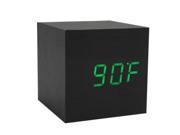 THZY Wood Cube LED Alarm Control Digital Desk Clock Wooden Style Room Temperature Black wood green led