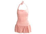 THZY Fashion Women Sweet Halterneck Ruffled Narrow Waist Sexy One Piece Swimsuit Dress Swimwear Pink Beachwear pink XL