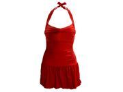 THZY Fashion Women Sweet Halterneck Ruffled Narrow Waist Sexy One Piece Swimsuit Dress Swimwear Red Beachwear Red L