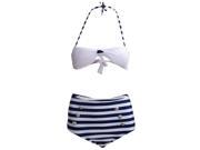 THZY High Waisted Vintage Halterneck Cross Stripe Six Buttons Swimsuit For Women Blue white S