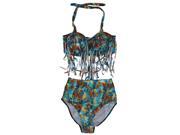 THZY Alluring Halter Plus Size Fringe Design Multicolor Printed High Waisted One Piece For Women Bathing Suit Swimsuit Swimwear Green Yellow L
