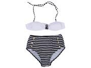 THZY High Waisted Vintage Halterneck Cross Stripe Six Buttons Swimsuit For Women black White XL