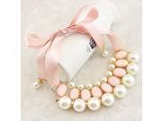 Charming Pearl Pink Ribbon Bubble Bib Statement Collar Necklace
