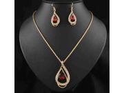 Drop Water RED Gold Filled Austrian Crystal Chain Jewelry Set Necklace Earrings Wedding Set Gift