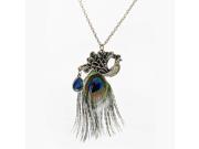 Vintage Peacock Feather Crystal Pendant Chain Necklace Long Sweater Chain