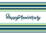 Anniversary Greeting Cards A1602. Business Greeting Card Featuring an Image of Happy Anniversary in Script with Green and Blue Stripes. Box Set Has 25 Greetin
