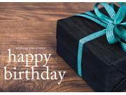 Birthday Greeting Cards B1702. Business Greeting Card Featuring a Birthday Message Next to a Present with a Bow on a Wooden Background. Box Set Has 25 Greetin