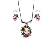 Falari Vintage Cameo Flower Hand Painted Necklace Earring Set Multi