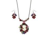 Falari Vintage Cameo Flower Hand Painted Necklace Earring Set Red
